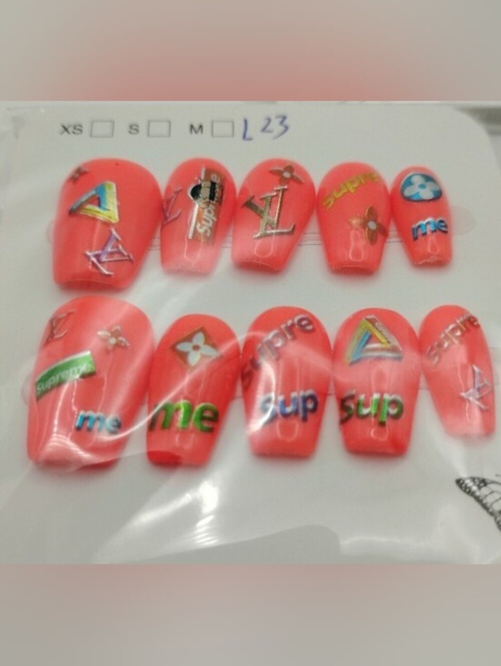 Coral Pink Nails  with Metallic LV & Supreme Lettering- Large
